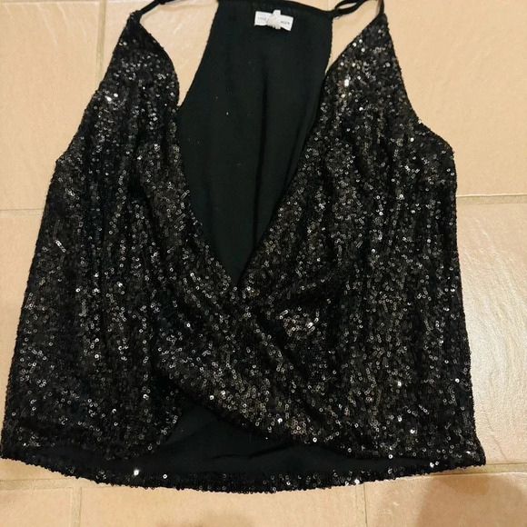 LOVE ON A HANGER SEXY BLACK SEQUIN PLUNGING NECKLINE TANK TOP LARGE - Picture 6 of 7